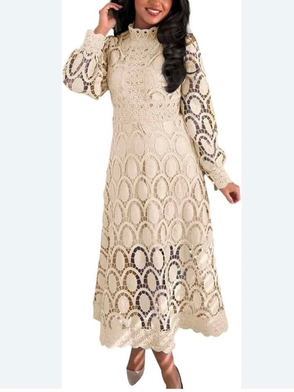 Scalloped Lace Cream Maxi Dress with High Neck
